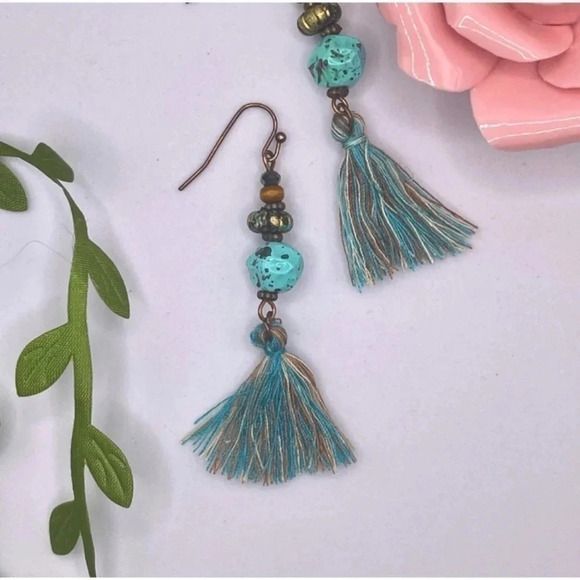 1 LEFT! Turquoise Beaded Tassel Earrings - Picture 2 of 3